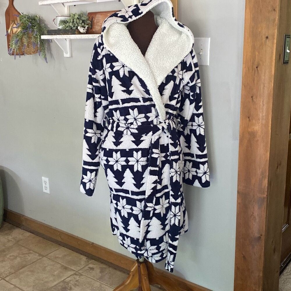 Vera Bradley cozy life Nordic striped bathrobe womens size large XL navy blue w